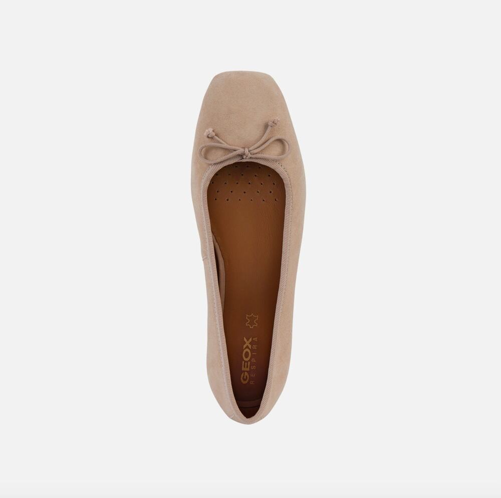 New Geox Marsilea Suede Ballet Flats Women 36.5 US 6.5 Beige Bow Square Toe